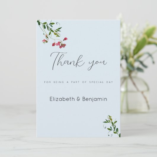 パステルブルーピンク赤い緑の花ありがとう 招待状 (スタンド正面)