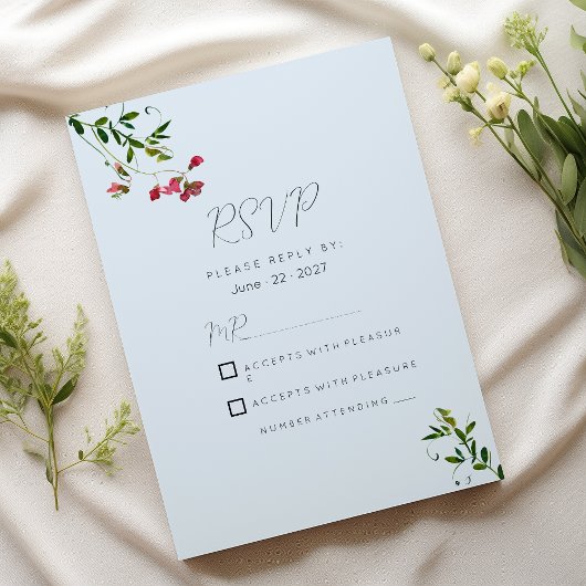 パステルブルーピンク赤緑の花RSVP 招待状