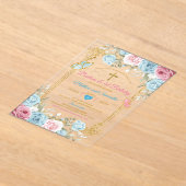 パステルブルーピンク金ゴールドバプテスマ&誕生日 アクリル招待状 (レイダウン)