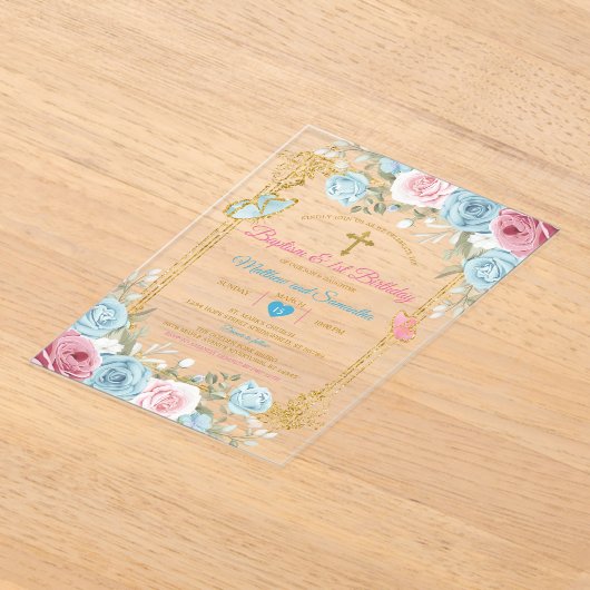 パステルブルーピンク金ゴールドバプテスマ&誕生日 アクリル招待状 (レイダウン)