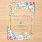 パステルブルーピンク金ゴールドバプテスマ&誕生日 アクリル招待状 (正面)