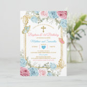 パステルブルーピンク金ゴールドバプテスマ&誕生日 招待状 (スタンド正面)