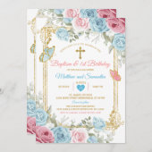 パステルブルーピンク金ゴールドバプテスマ&誕生日 招待状 (正面/裏面)