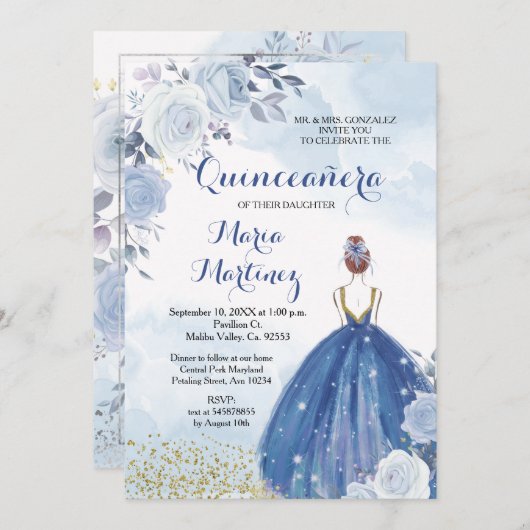 パステルブルーフラワーズキンセニェラ招待状 招待状 (正面/裏面)