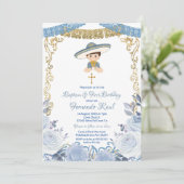 パステルブルーフラワーズフィエスタバプテスマ&誕生日 招待状 (スタンド正面)