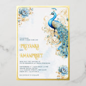 パステルブルーフローラインディアンピーコ結婚ックズ金ゴールド 箔招待状 (正面)