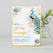 パステルブルーフローラインディアンピーコ結婚ックズ金ゴールド 箔招待状 (立ち正面)