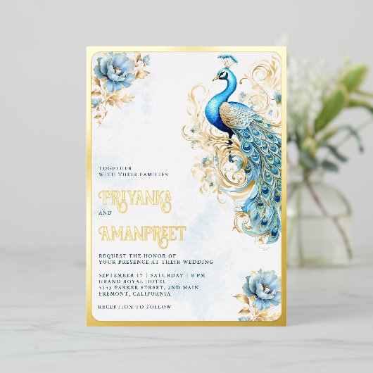 パステルブルーフローラインディアンピーコ結婚ックズ金ゴールド 箔招待状 (立ち正面)