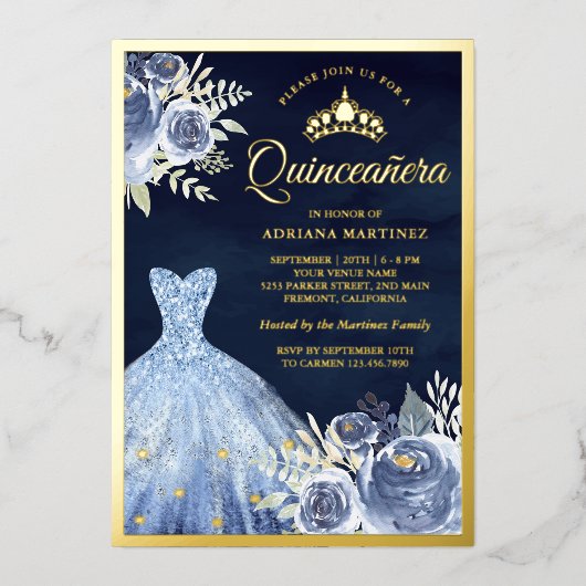 パステルブルーフローラガウンネイビーキンセアニェラ金ゴールド 箔招待状 (正面)