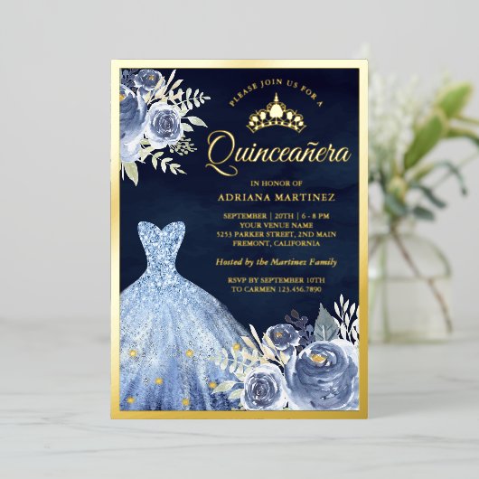 パステルブルーフローラガウンネイビーキンセアニェラ金ゴールド 箔招待状 (立ち正面)