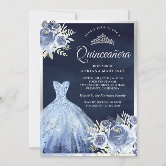 パステルブルーフローラガウンネイビーシルバーキンセアニェラ 招待状 (正面)