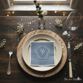 パステルブルーフローラクレストフレームエレガント スタンダードカクテルナプキン