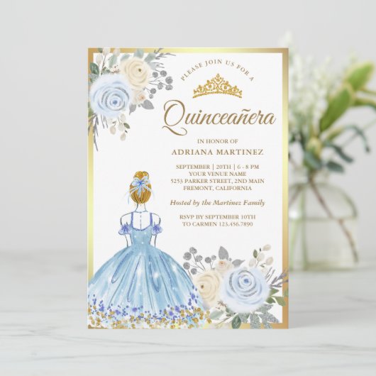パステルブルーフローラドレスプリンセス金ゴールドキンセアニェラ 招待状 (スタンド正面)