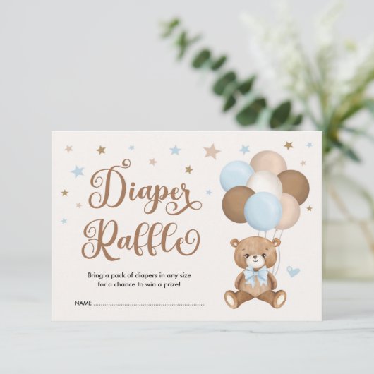 パステルブルーブラウンテディベアおむつラッフル エンクロージャーカード (スタンド正面)
