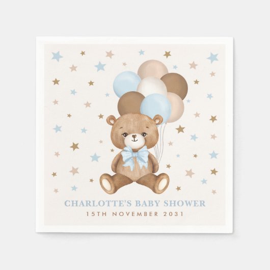 パステルブルーブラウンテディベアバルーン赤ちゃんシャワー スタンダードカクテルナプキン (正面)