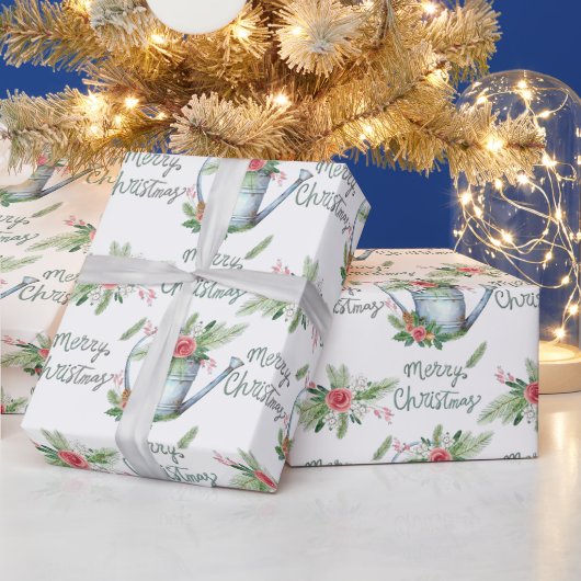パステルブルーブラシスクリプトメリークリスマスフローラ ラッピングペーパー (クリスマス)