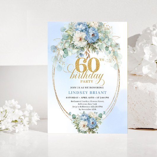 パステルブルーホワイトボタン花ゴールド60歳の誕生日 招待状