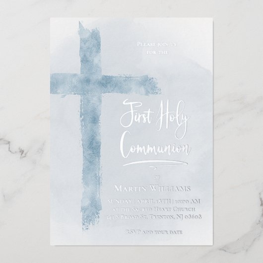 パステルブルーホーリークロスファースト聖餐式 箔招待状 (正面)