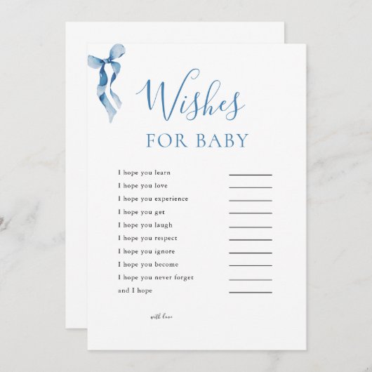 パステルブルーボウが赤ちゃんシャワーゲームカードを願う 招待状 (正面/裏面)