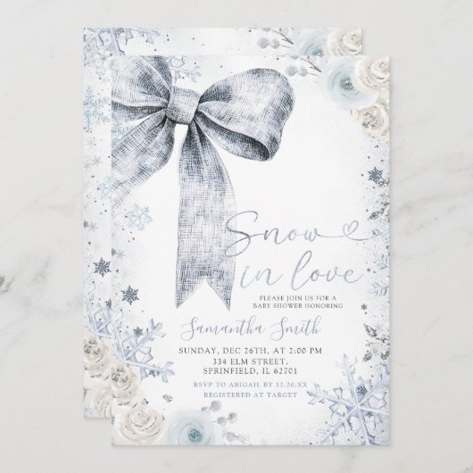 パステルブルーボウコンサットウィンターベビーシャワー 招待状 (正面/裏面)