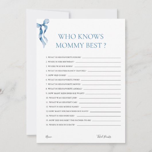 パステルブルーボウ知り合いママ赤ちゃん最高のシャワー知り 招待状 (正面)