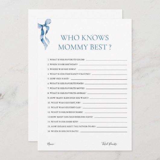 パステルブルーボウ知り合いママ赤ちゃん最高のシャワー知り 招待状 (正面/裏面)