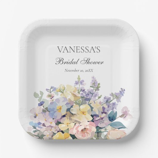 パステルブルーミング野花ブライダルモノグラム ペーパープレート (正面)