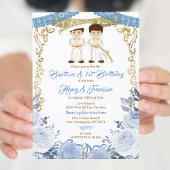 パステルブルーメキシコ双子バプテスマと誕生日 招待状