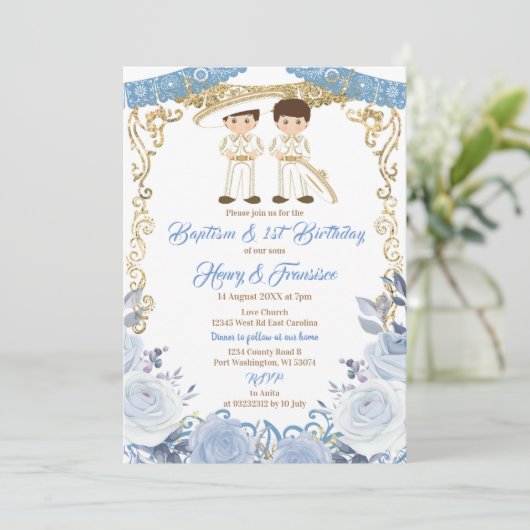 パステルブルーメキシコ双子バプテスマと誕生日 招待状 (スタンド正面)