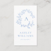 パステルブルーモノグラムQRコードフローラクレスト 名刺 (正面)