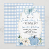 パステルブルーリトルパンプキンギンガム1歳の誕生日 招待状 (正面/裏面)