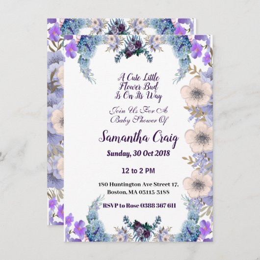 パステルブルーリトルフラワーバッド薄紫ベビーシャワー 招待状 (正面/裏面)