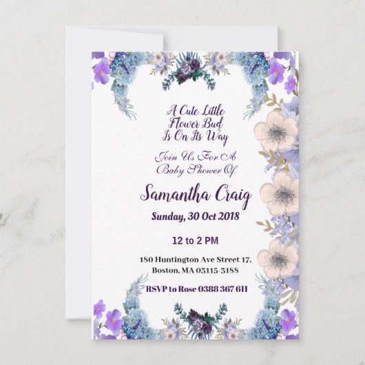 パステルブルーリトルフラワーバッド薄紫ベビーシャワー 招待状 (正面)