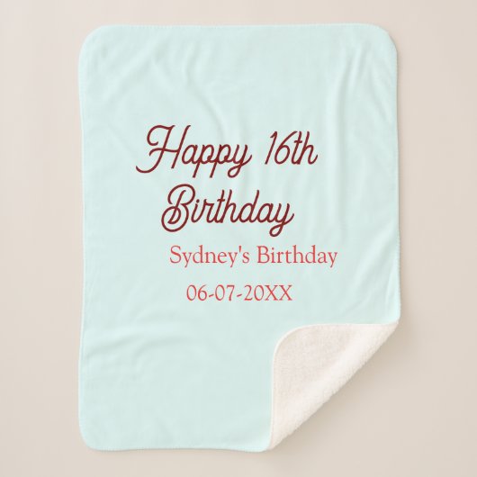 パステルブルーレッド お誕生日おめでとう 16歳 名前入り 日付入り エレガント シェルパブランケット (正面)