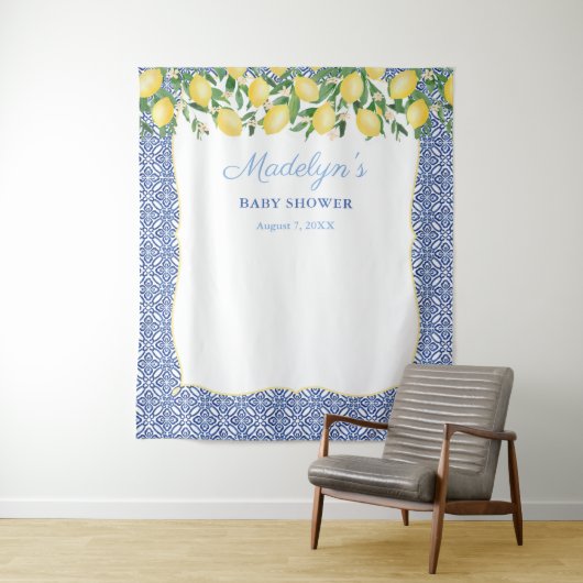 パステルブルーレモンの男の子ベビーシャワーフォトドロップクロス タペストリー (インサイチュ)