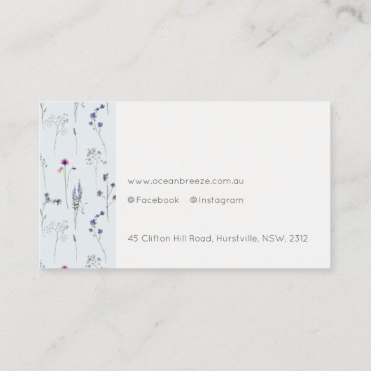 パステルブルーワイルドフラワーウォータカラーリボンモノグラム 名刺 (裏面)