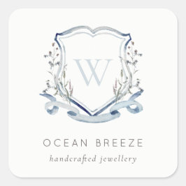 パステルブルーワイルドフラワーウォーターカラークレストモノグラム スクエアシール