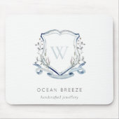 パステルブルーワイルドフラワーウォーターカラークレストモノグラム マウスパッド (正面)