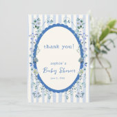 パステルブルーヴィンテージストライプのガーデンベビーシャワー サンキューカード (スタンド正面)