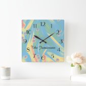 パステルブルー小ハート、名前、ラウンドまたはスクエア スクエア壁時計 (ホーム)