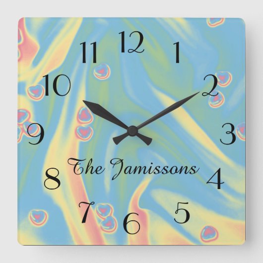 パステルブルー小ハート、名前、ラウンドまたはスクエア スクエア壁時計 (正面)