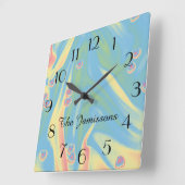 パステルブルー小ハート、名前、ラウンドまたはスクエア スクエア壁時計 (傾斜)