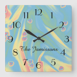 パステルブルー小ハート、名前、ラウンドまたはスクエア スクエア壁時計