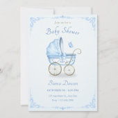 パステルブルー柔らかいベビーベビーカーの赤ちゃんシャワー 招待状 (正面)