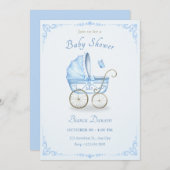 パステルブルー柔らかいベビーベビーカーの赤ちゃんシャワー 招待状 (正面/裏面)