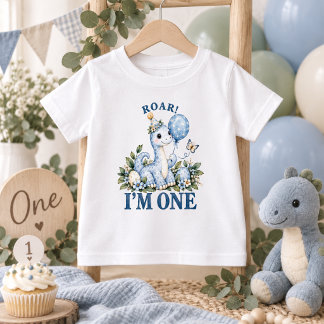パステルブルー水彩恐竜1歳の誕生日 ベビーTシャツ
