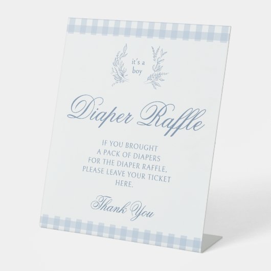 パステルブルー男の赤ちゃんシャワーおむつラッフルサイン 台座サイン (正面)