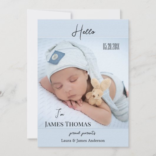 パステルブルー男の赤ちゃん写真誕生発表 案内状 (正面)
