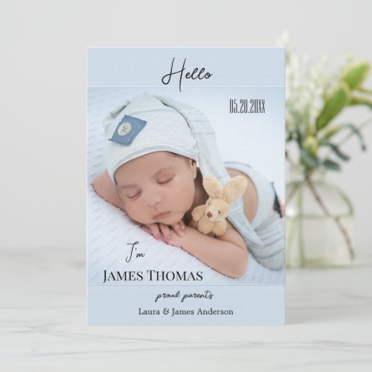 パステルブルー男の赤ちゃん写真誕生発表 案内状 (スタンド正面)