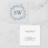 パステルブルー葉フローラモノグラムウェディングプランナー スクエア名刺 (正面/裏面)